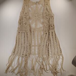 Boho Festival Cato Sz Md Cream Crochet Medallion Flower Fringe Longline Vest